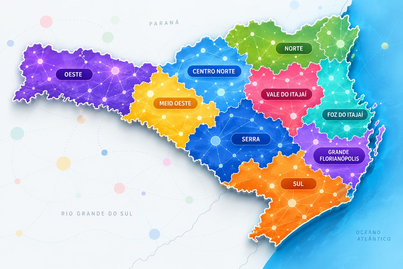 Mapa de Santa Catarina dividido por regiões, com os 23 ecossistemas locais de inovação